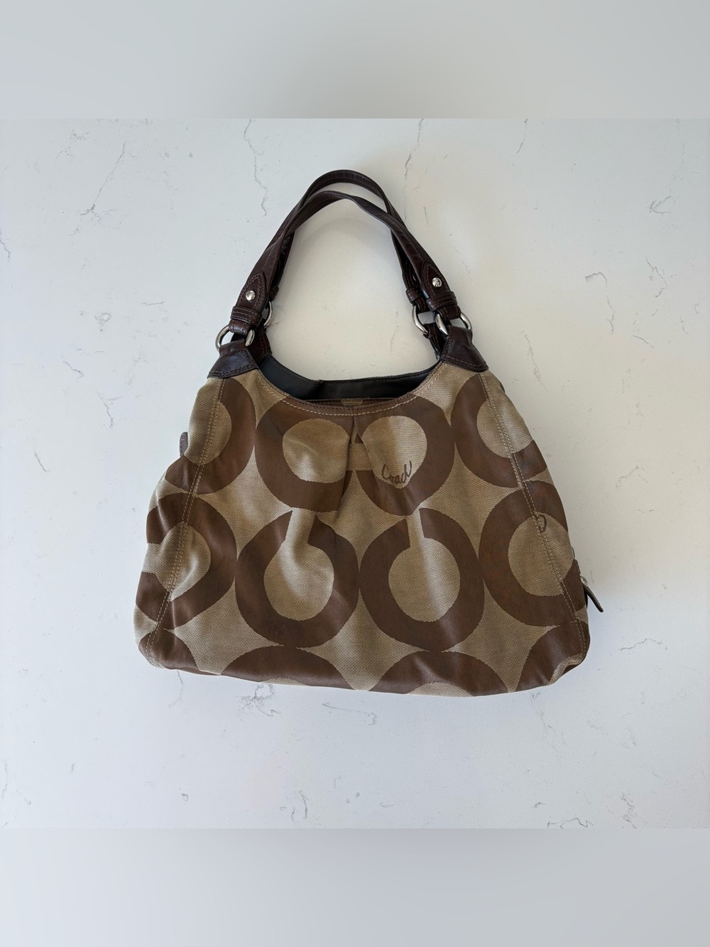 Coach Brown Signature Canvas Shoulder Bag with Dark Brown Leather Trim